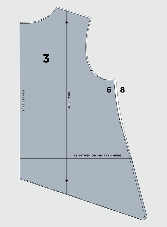 Farrow Dress back bodice pattern piece showing grainline, size blending between sizes 6 and 8, and lengthen or shorten line