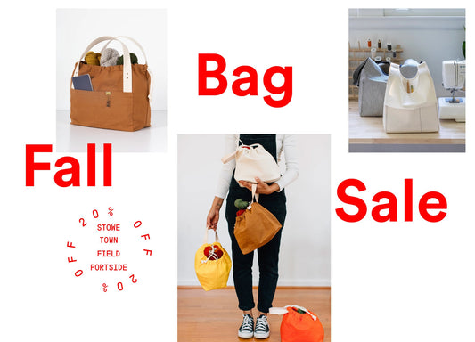 Fall Bag Sale graphic — 20% off Grainline Town, Field, and Stowe bags in toffee, yellow, orange, and natural canvas