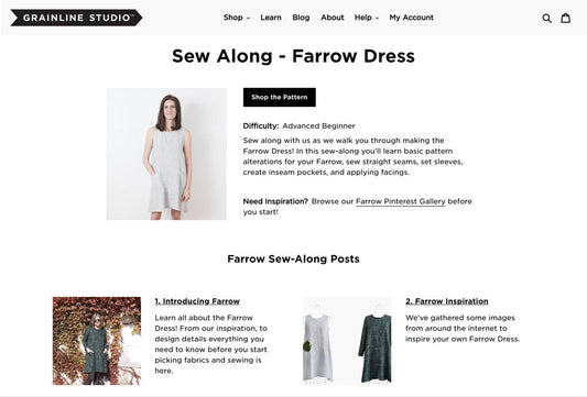 Screenshot of the Farrow Dress Sew-Along webpage, showing pattern photo and list of sew-along posts