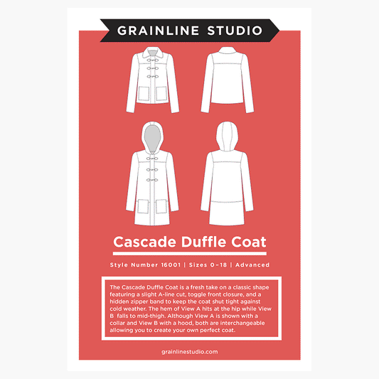 Cascade Duffle Coat pattern envelope showing View A with collar and View B with hood, toggle closure, sizes 0–18, Advanced