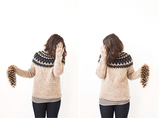 Two views of a hand knit cream and black Icelandic Fair Isle yoke sweater worn with dark pants, holding oversized pinecones