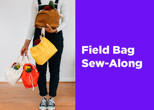 Field Bag Sew-Along graphic: person holding four Field Bags in toffee, yellow, orange, and natural, filled with yarn