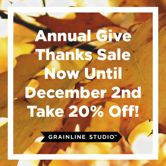 Grainline Studio Annual Give Thanks Sale graphic: 20% off until December 2nd, over warm autumn leaf background