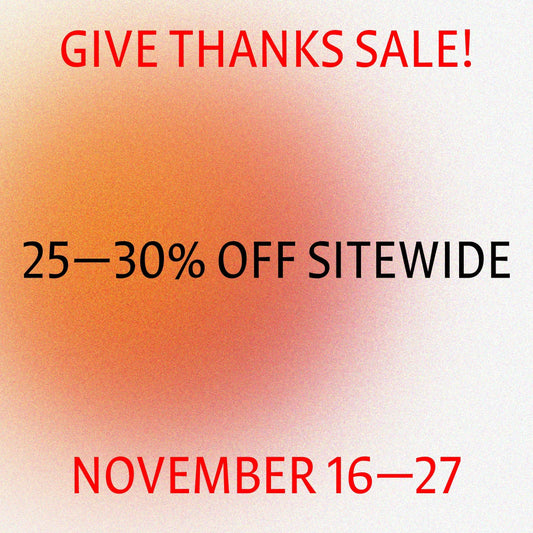 Grainline Studio Give Thanks Sale graphic with red text on orange-pink gradient, 25–30% off sitewide November 16–27