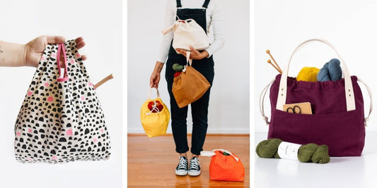 Grainline Stowe Bag in half-circle print, four colorful Field Bags modeled, and burgundy Town Bag with yarn and needles
