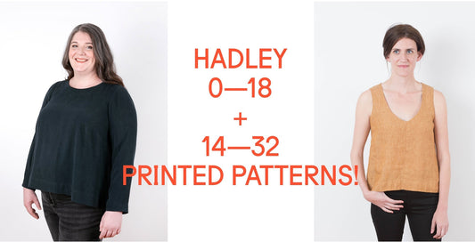 Hadley Top printed pattern launch, sizes 0–32, shown in black long-sleeve and mustard sleeveless versions on two models