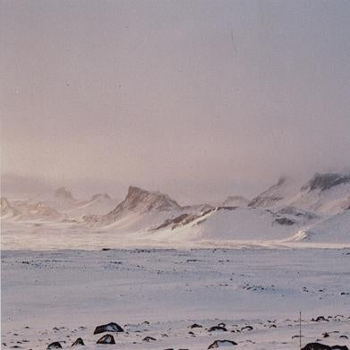 Iceland glacier landscape with snow-covered mountains and pink and blue sunrise sky