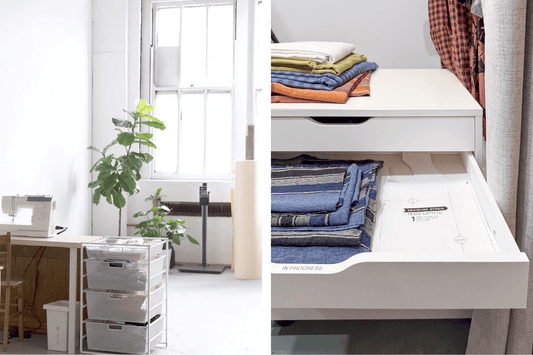 Two sewing studio photos: white wire drawers and open drawer labeled In Progress with Grainline pattern and colorful fabric