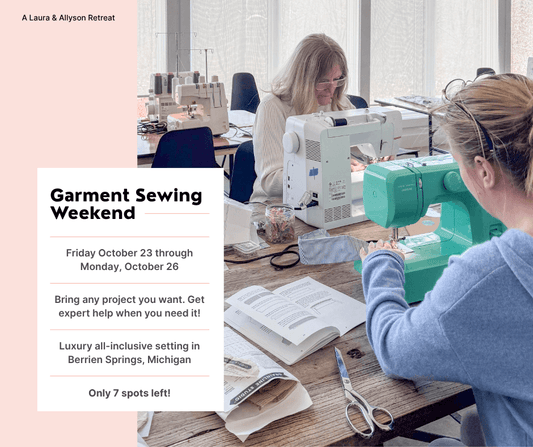 Grainline Garment Sewing Weekend retreat graphic for October 23-26 in Berrien Springs, MI, showing sewists at sewing machines