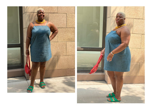 Pattern tester front and side views of Myra Dress in blue denim with spaghetti straps, yellow necklace, and red bag