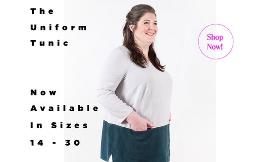 Uniform Tunic sewing pattern in cream long-sleeve and teal skirt, sizes 14-30, with "Shop Now!" call-to-action circle