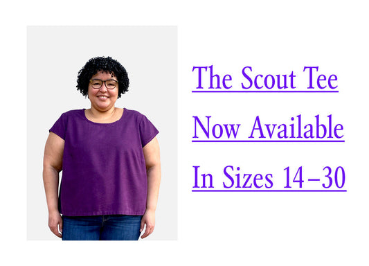 "The Scout Tee Now Available In Sizes 14-30" graphic in purple text on white, woman wearing purple Scout Tee