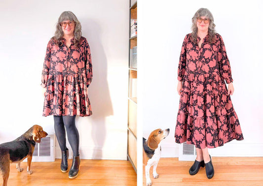 Side-by-side of the original Poppy Dress next to the same dress with a third tier added on and two beagles