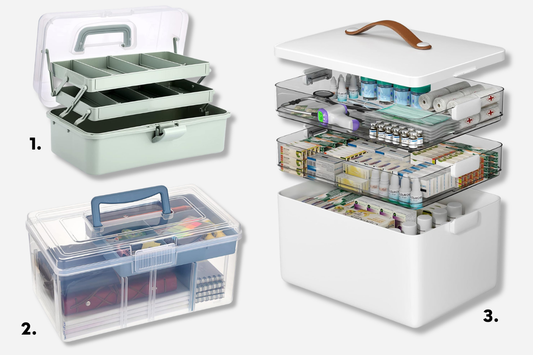 Three portable sewing storage options: sage tackle box, clear craft organizer with notions, and white stackable first aid box