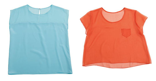 Two silk tops: blue sleeveless crepe de chine blouse with chiffon yoke and coral cap-sleeve chiffon top with patch pocket