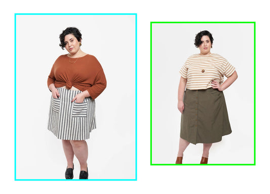 Two Reed Skirt views: gray and white striped with patch pockets and olive button-front A-line, both styled with Hemlock Tee