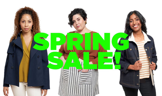 Spring Sale — three models in Grainline patterns: Cortland Trench, Augusta Top, Reed Skirt, Hemlock Tee, and Thayer Jacket