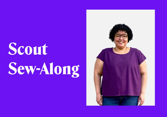 Scout Sew-Along newsletter graphic: woman wearing purple Scout Tee and jeans, purple background