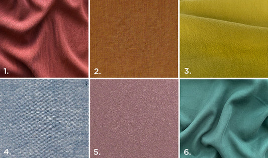 Six fabric swatches for Farrow Dress in burgundy, camel, chartreuse, blue, mauve, and teal woven fabrics