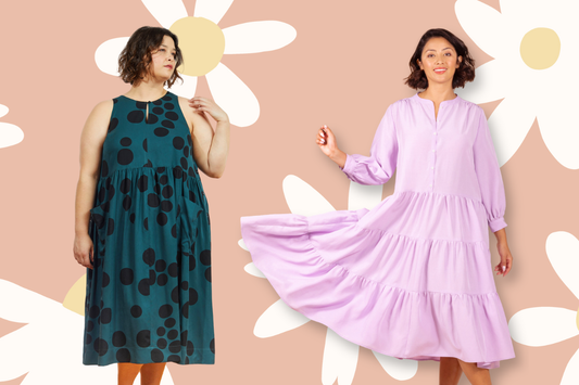 Sleeveless Austin Dress in teal polka dot and lavender, long-sleeve, tiered Poppy Dress modeled on peach floral background