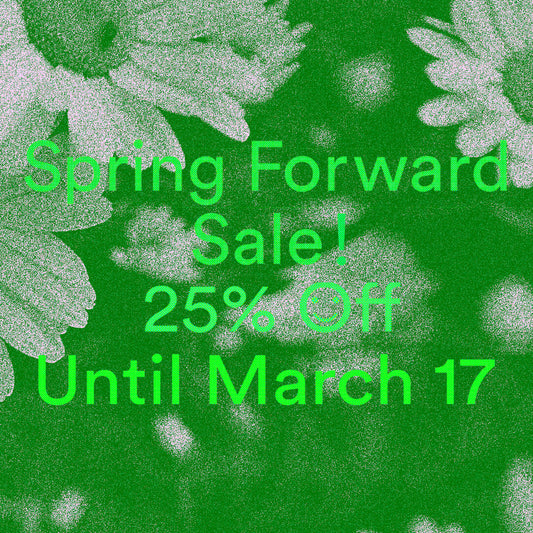 Grainline Studio Spring Forward Sale graphic with 25% off until March 17 on green textured background with white leaf pattern