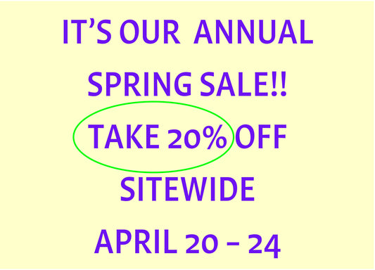 Grainline Studio Annual Spring Sale graphic, purple text on yellow background — take 20% off sitewide, April 20-24