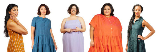 Five models in Grainline dresses: Austin in orange stripe, Poppy in blue, Myra in lavender, Poppy in coral, and Alder in teal