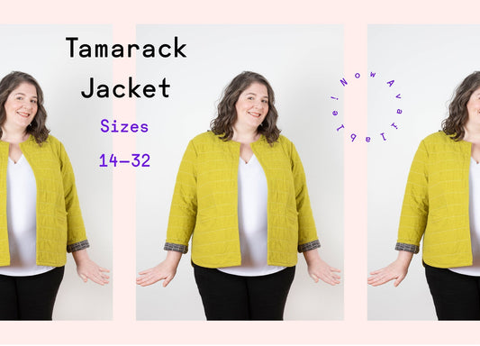 Tamarack Jacket size 14–32 launch graphic in chartreuse quilted linen blend with checked cuffs, styled with white tank