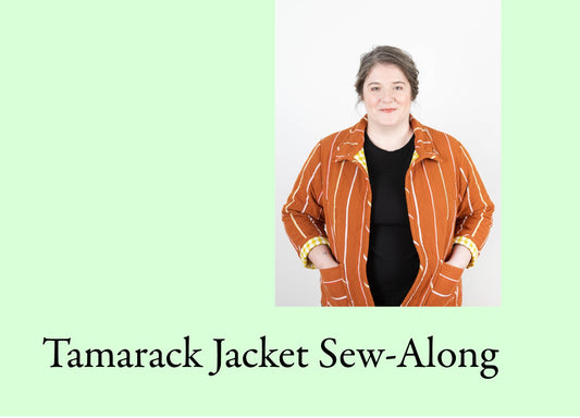 Newsletter graphic for Tamarack Jacket Sew-Along, woman wearing rust striped Tamarack Jacket with yellow gingham cuffs