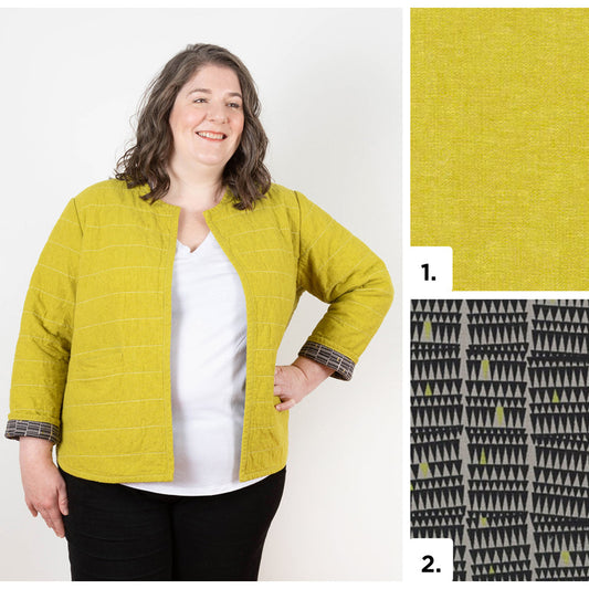 Tamarack Jacket in chartreuse quilted fabric, with two suggested fabric swatches: solid yellow and black triangle print