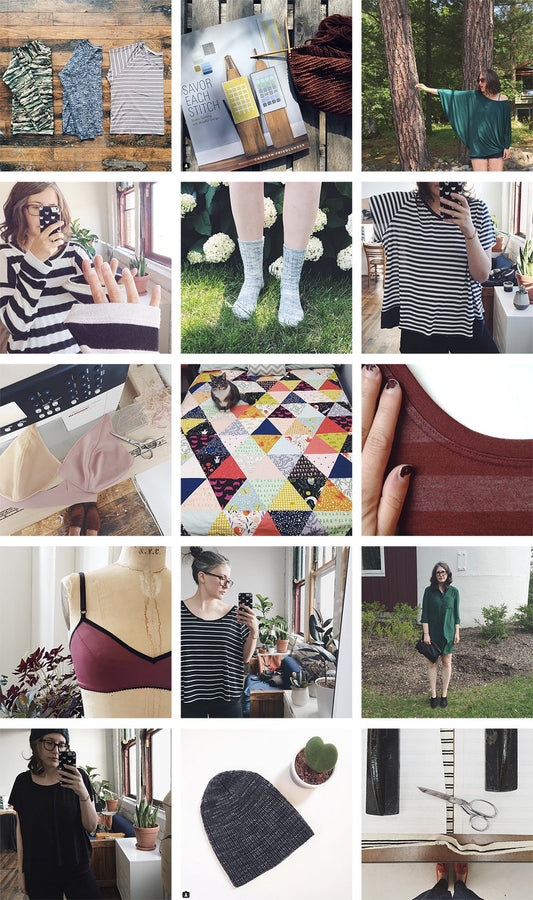 Grainline Studio Instagram grid of handmade projects including striped tees, bras, knit socks, and a colorful patchwork quilt