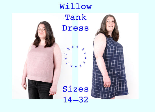 Willow Tank & Dress launch graphic: pink linen tank and navy windowpane dress on two models, sizes 14–32 now available