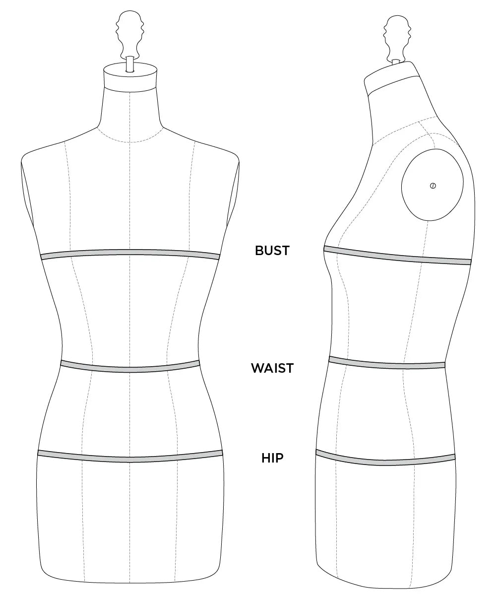 Bust, waist, and hip lines marked on front and side views of a dress form for measurement reference.