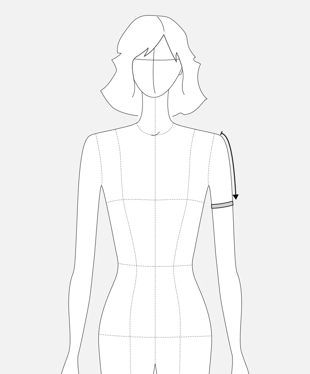 Illustration showing how to measure bicep circumference from the shoulder to the underarm.
