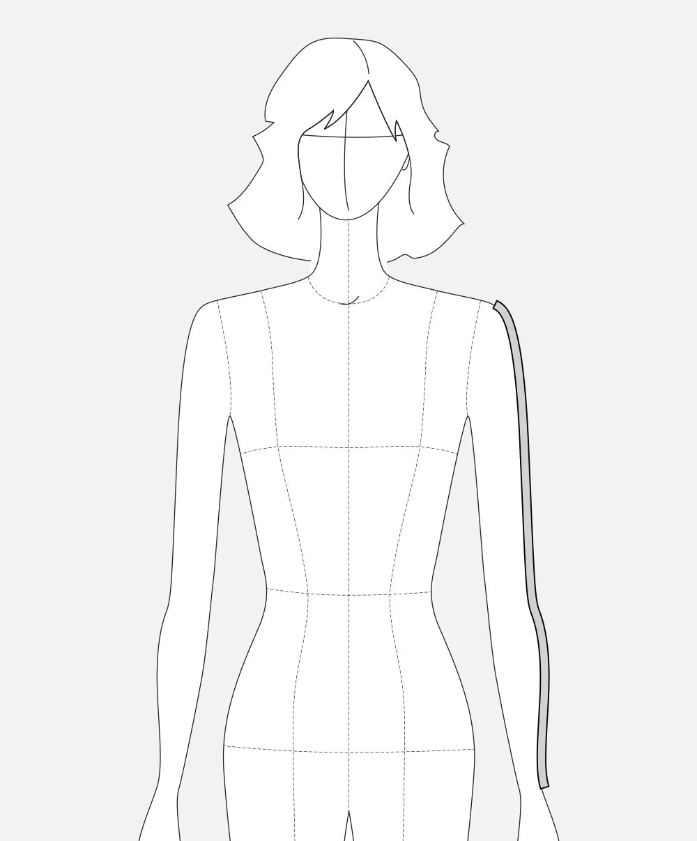 Illustration showing how to measure sleeve length from shoulder to wrist along the outer arm.