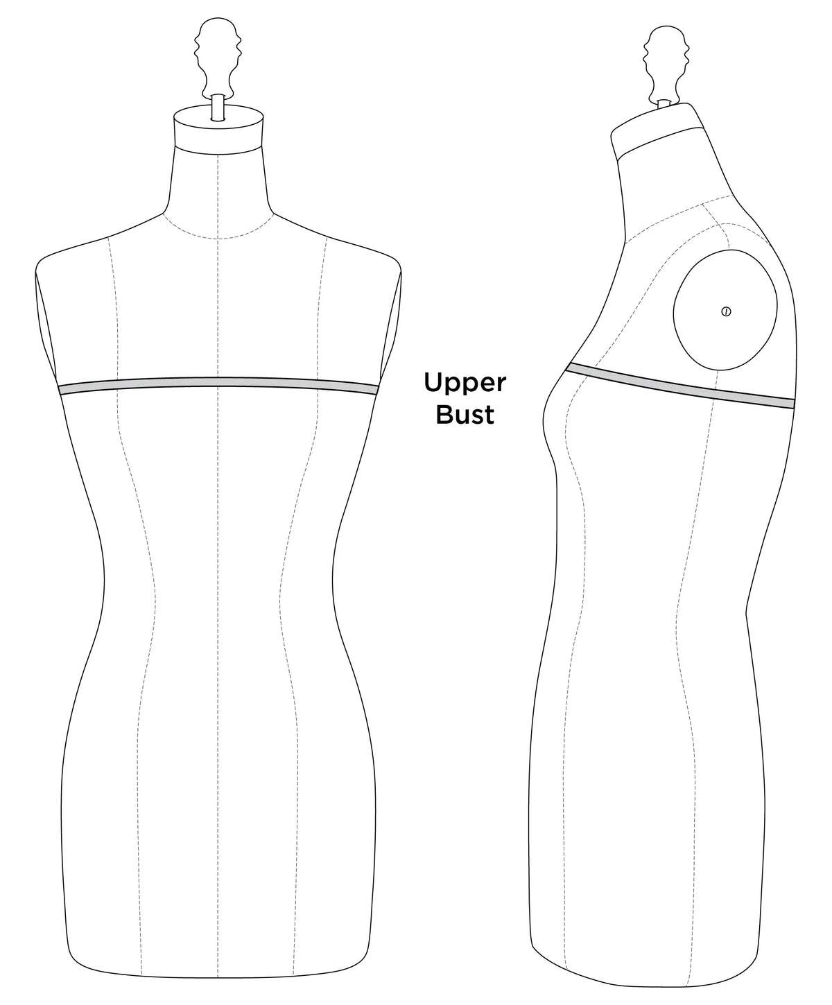 Upper bust measurement line shown on front and side views of a dress form.