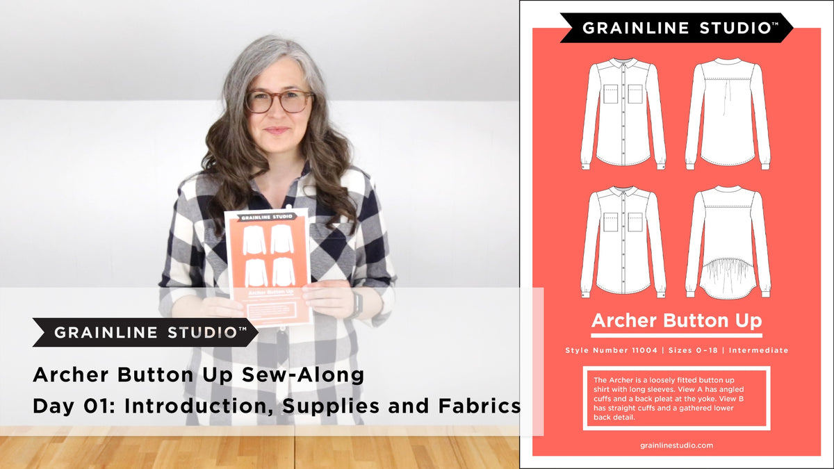 Woman in a plaid shirt holding the Archer Button-Up pattern beside its envelope showing front and back technical sketches