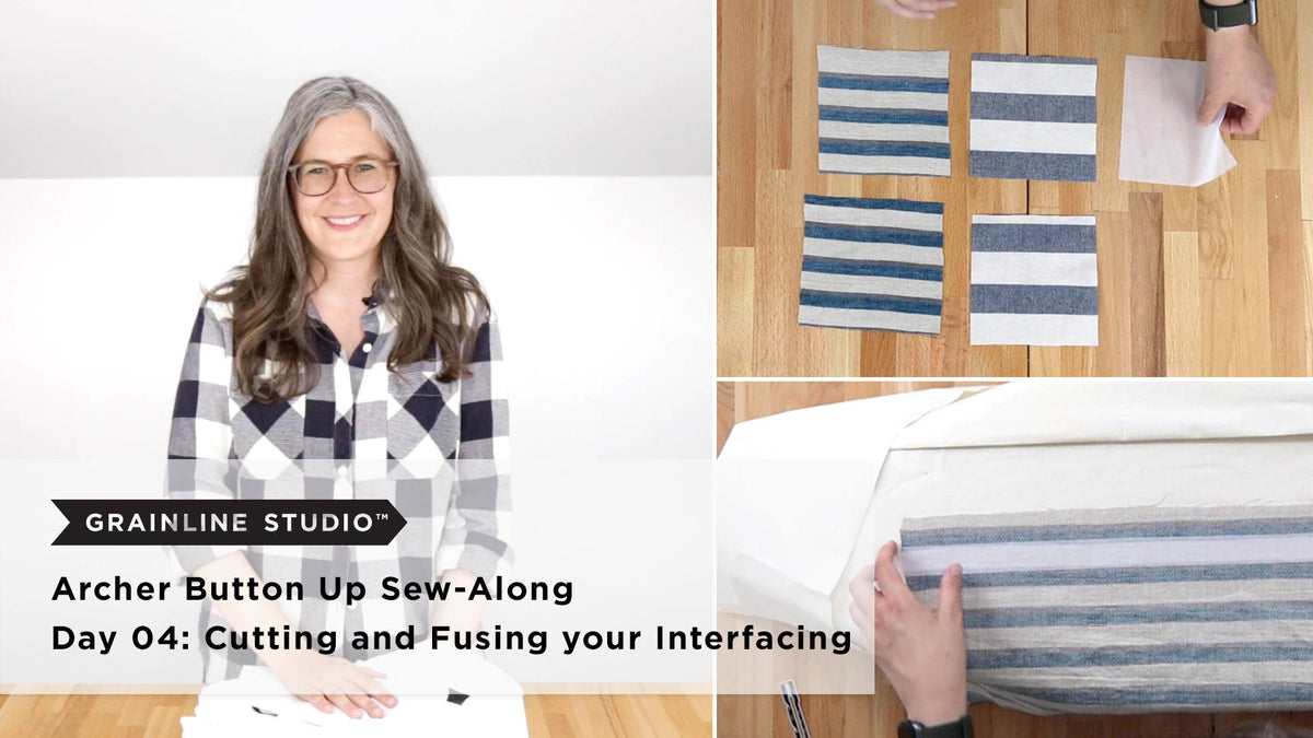 Woman seated beside striped fabric swatches and hands placing an interfacing strip on a striped front band.