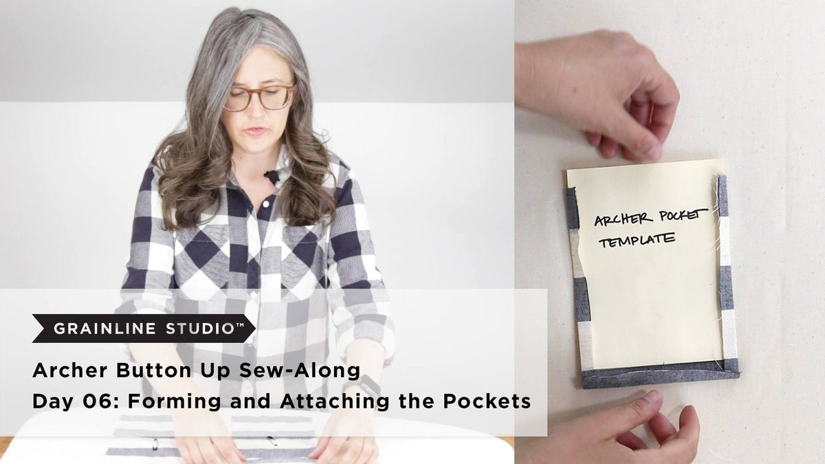 Woman pressing striped pocket pieces beside hands folding fabric around a paper Archer pocket template