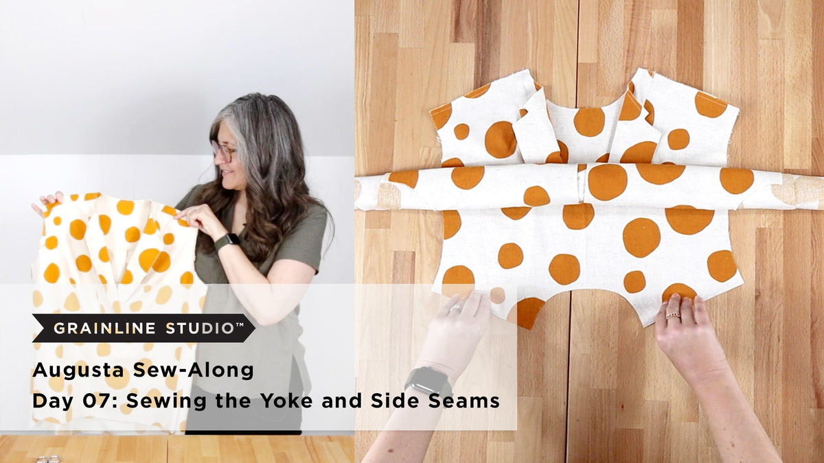 Woman holding up a mustard dot Augusta front beside hands holding down a yoke with the front and back rolled up in it