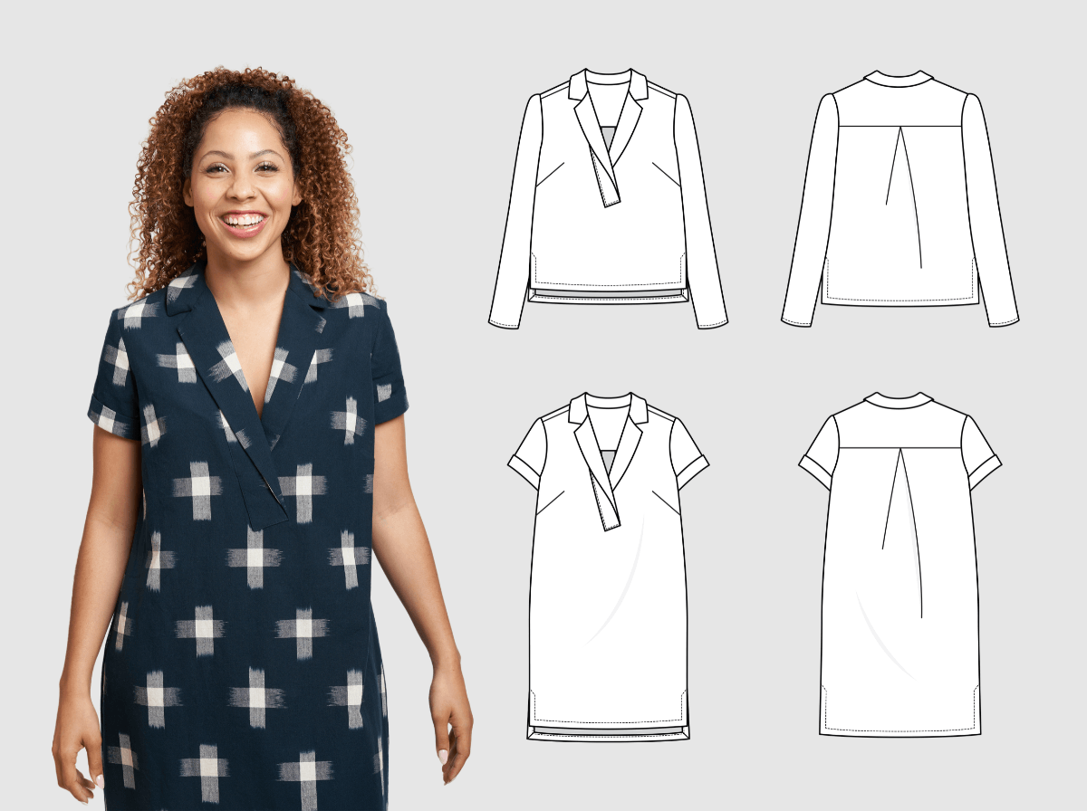 Woman in a navy ikat cross print Augusta dress beside front and back flats of the long sleeve shirt and short sleeve dress