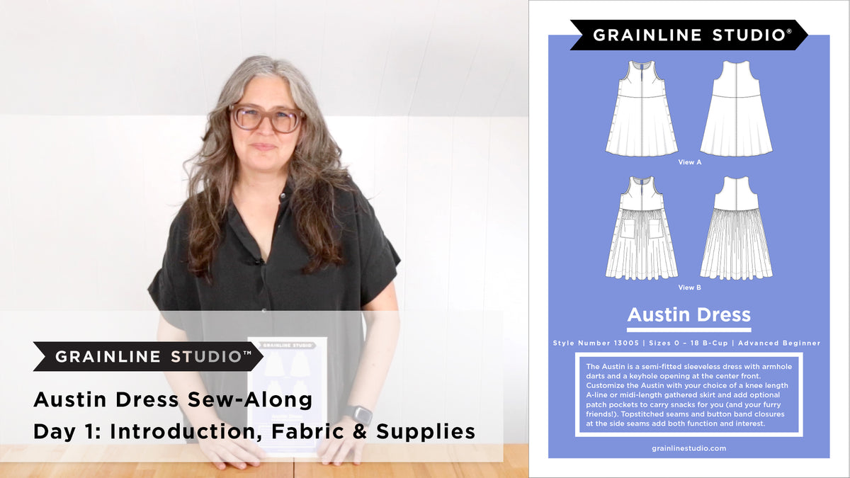Jen Beeman holding the Austin Dress pattern envelope next to the pattern cover showing View A and View B technical drawings