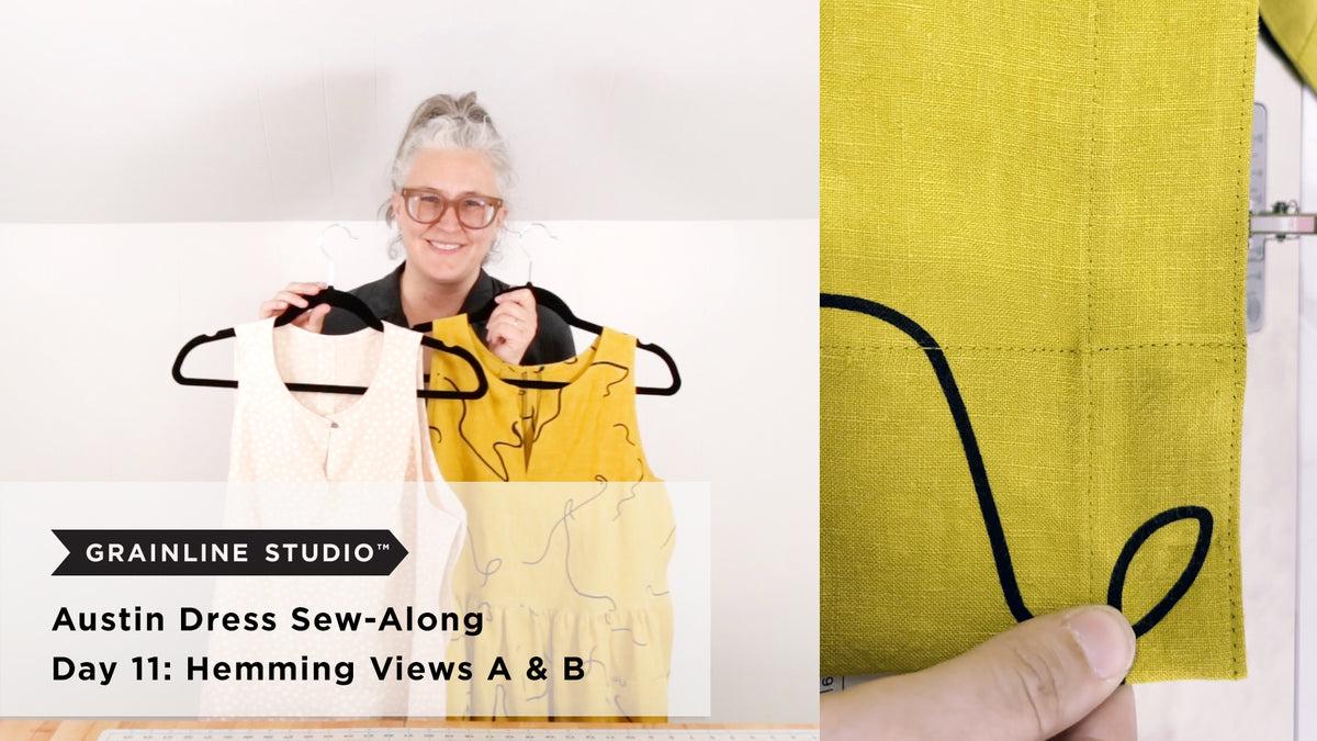 Jen holding a blush View A and yellow View B Austin Dress on hangers next to a close-up of a finished deep hem on yellow linen
