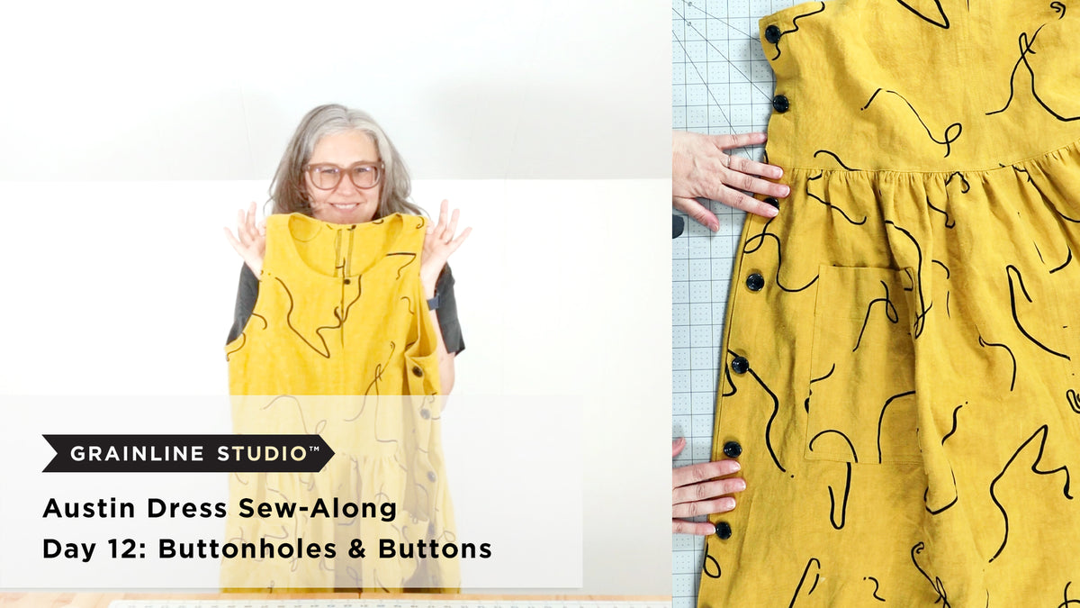 Jen holding a nearly finished yellow Austin Dress next to a close-up of black buttons on the finished button band of a yellow linen dress