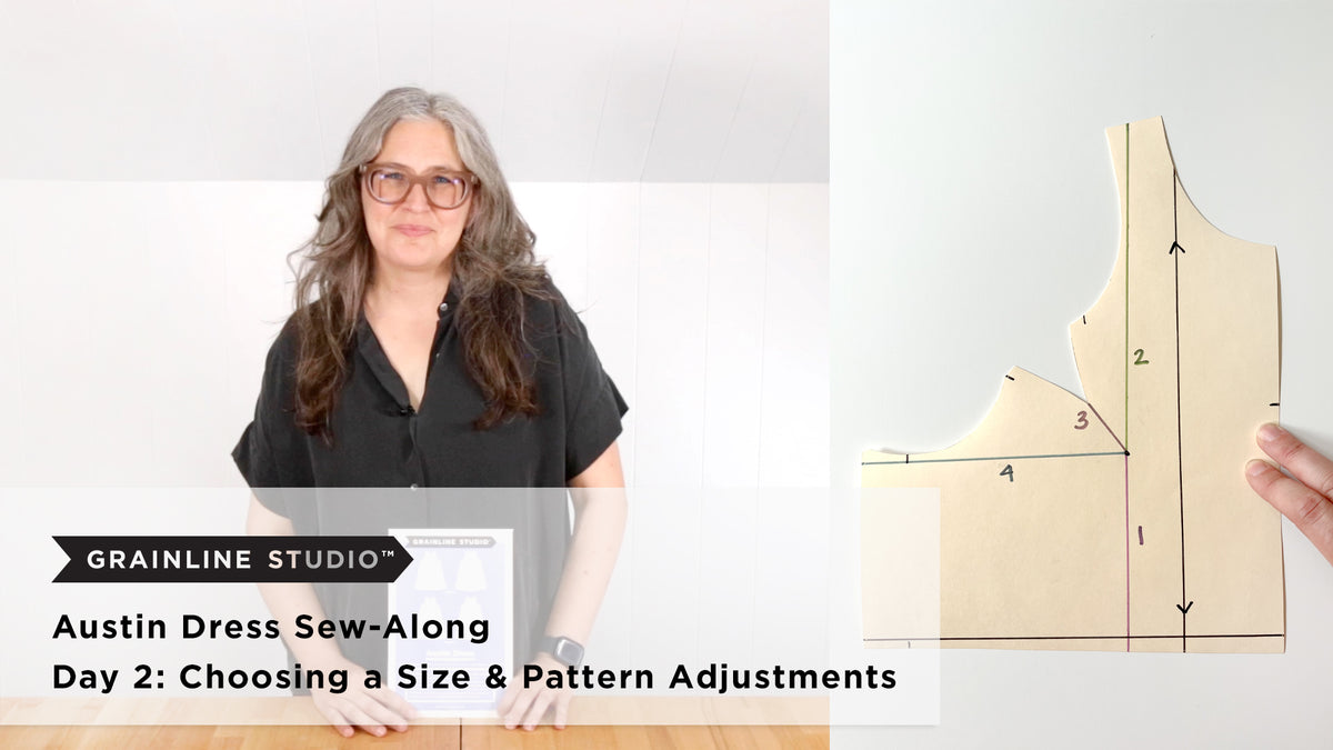  Jen next to a front bodice pattern piece with numbered slash lines marked for a full bust adjustment