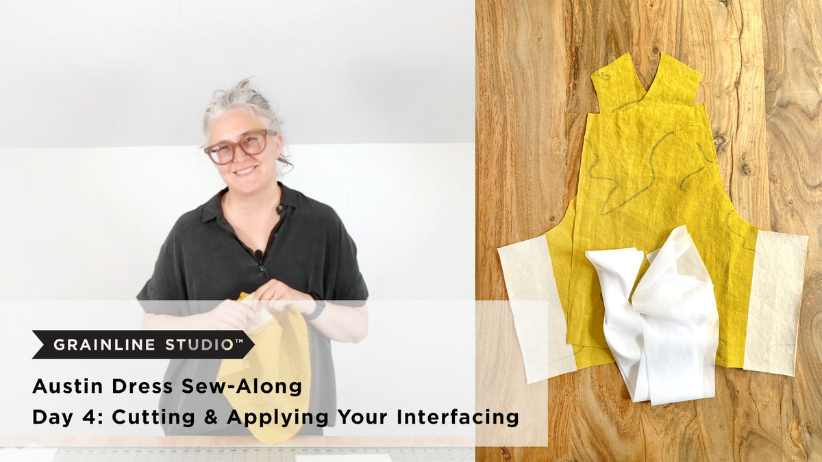 Jen holding an interfacing piece next to a flat lay of cut yellow linen Austin Dress bodice pieces with white interfacing rectangles