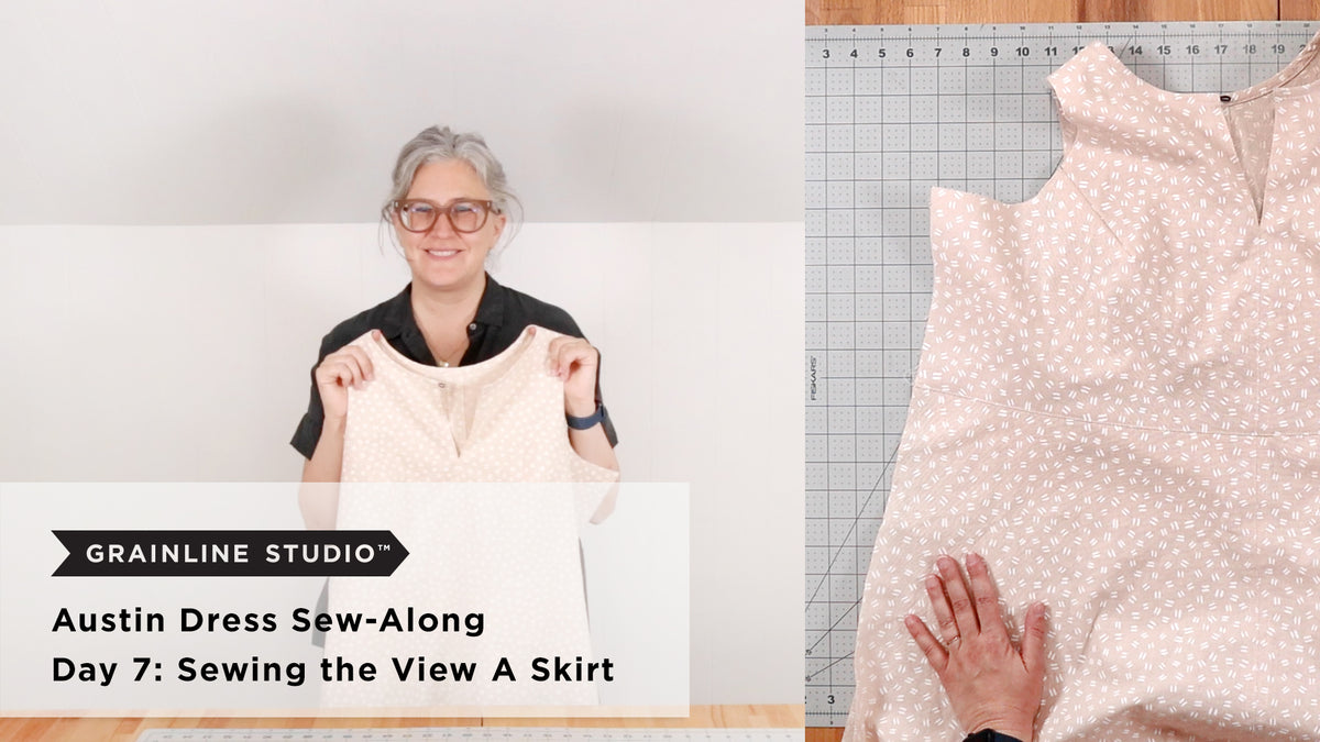 Jen holding a finished blush Austin Dress bodice next to a flat lay of the full bodice and skirt pieces on a cutting mat