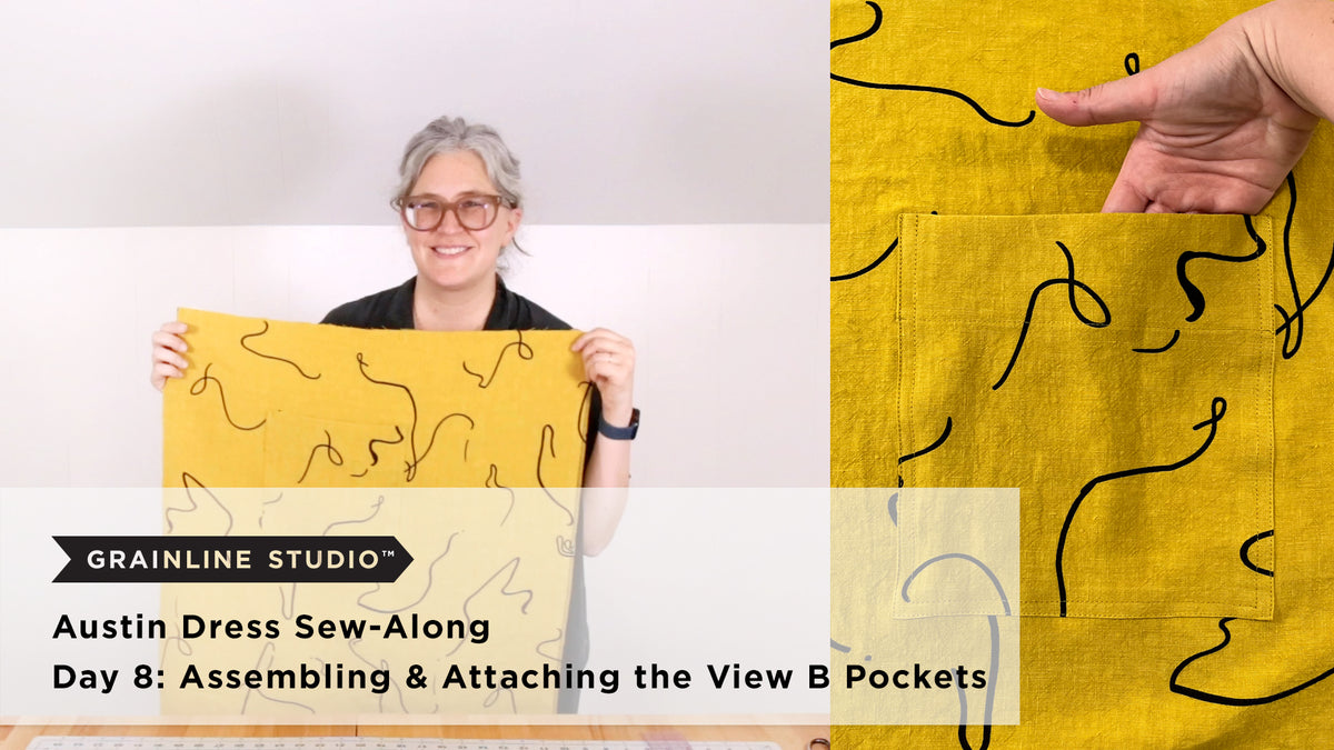 Jen holding yellow abstract print fabric next to a close-up of a finished patch pocket with edge stitching on a yellow linen skirt