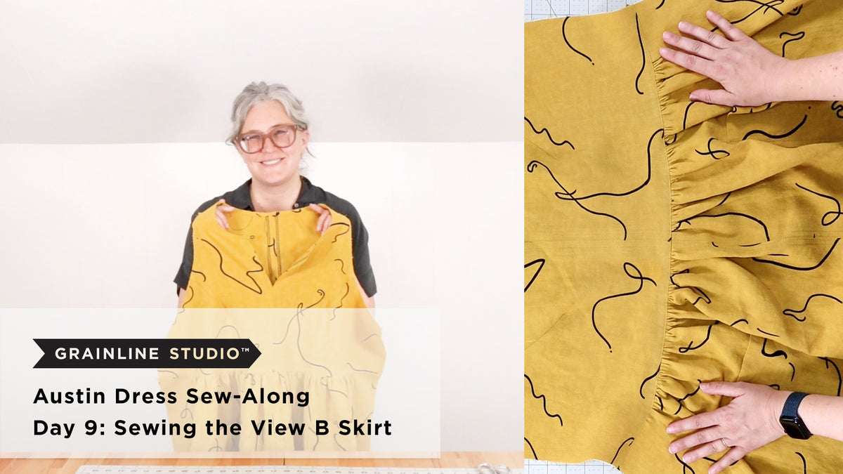 Jen holding a gathered yellow linen Austin Dress skirt next to a close-up of the gathered waistline edge on a cutting mat