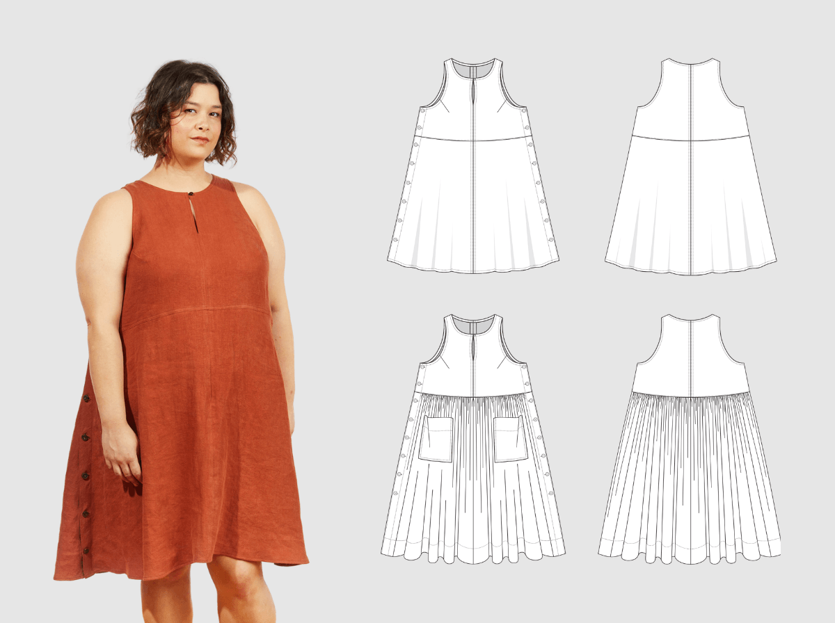 Austin Dress modeled in rust with sleeveless keyhole neckline; flats show A-line and gathered skirt views with side buttons